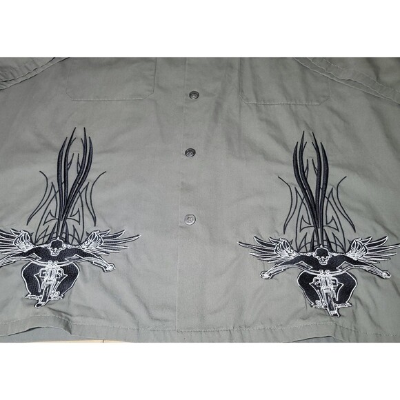 Dragonfly Roadhouse 3XL Biker Embroidered Skull Wings Motorcycle Button Up Gray - Picture 5 of 7